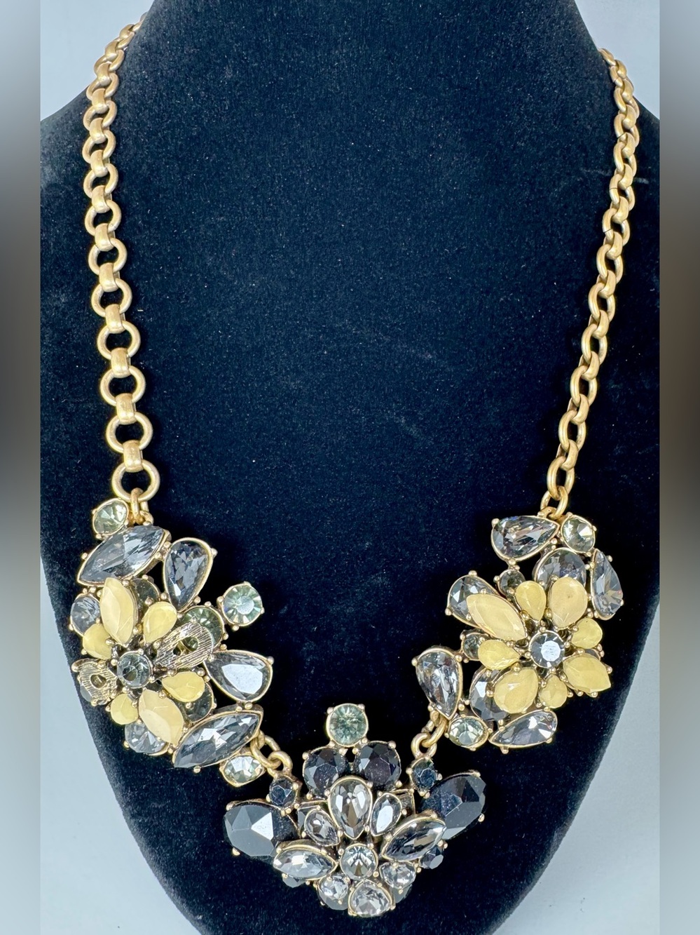 J. Crew Gold Floral Crystal Statement Necklace - Yellow and Clear #1752